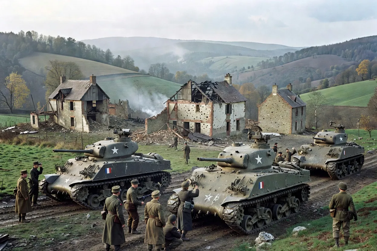 Chars Sherman de la 2e DB en position de combat près de Dompaire en septembre 1944