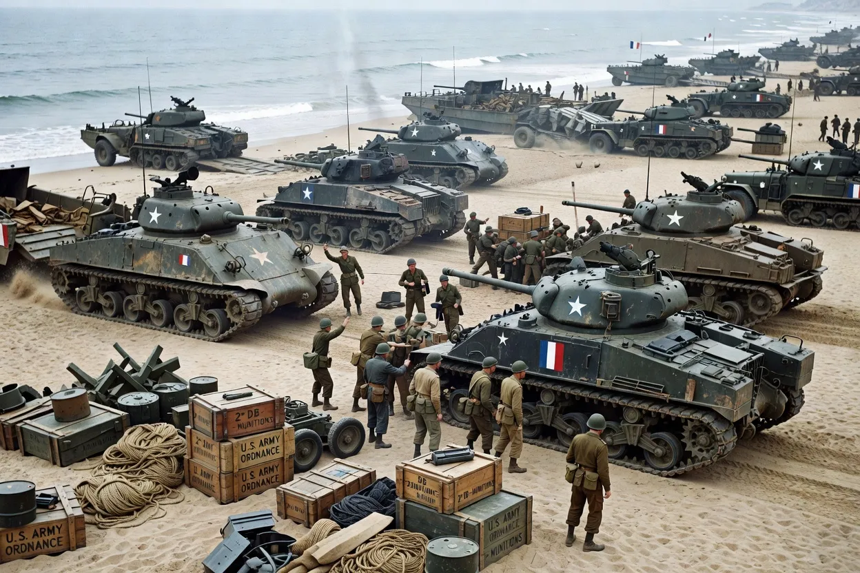 Chars Sherman et véhicules blindés de la 2e DB débarquant sur les rampes d'Utah Beach en août 1944