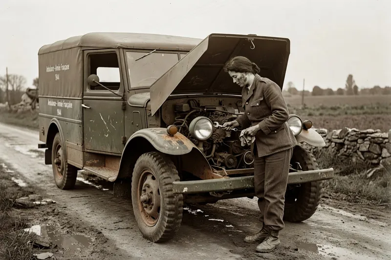 Ambulancière de la 2e division blindée aux côtés d'un véhicule sanitaire durant la campagne de 1944
