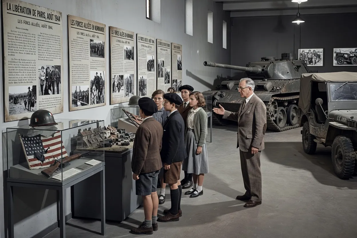 Groupe scolaire en visite pédagogique dans un lieu de mémoire de la Libération de Paris