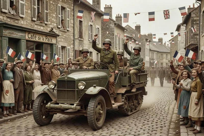 Foule parisienne acclamant les soldats de la 2e DB place de l'Hôtel de Ville en août 1944