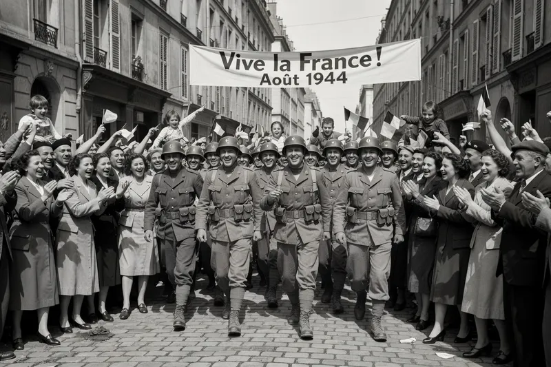 Foule parisienne acclamant les soldats de la 2e DB lors de la Libération de Paris en août 1944