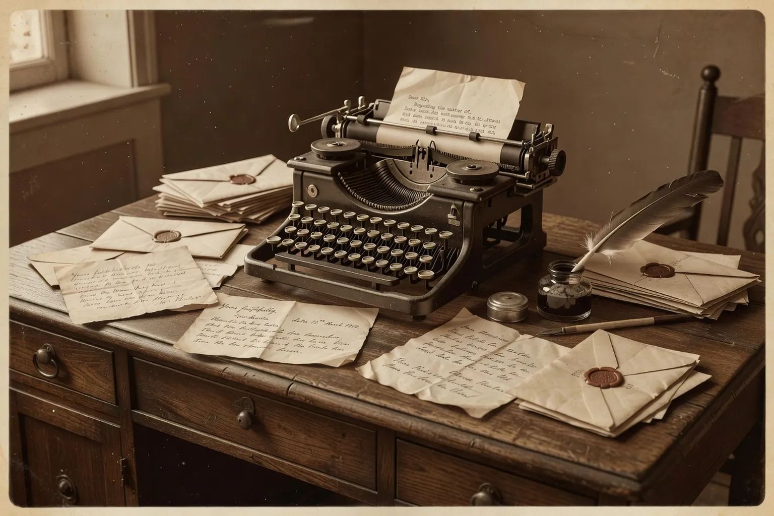 Bureau d'archiviste avec documents et correspondance historique
