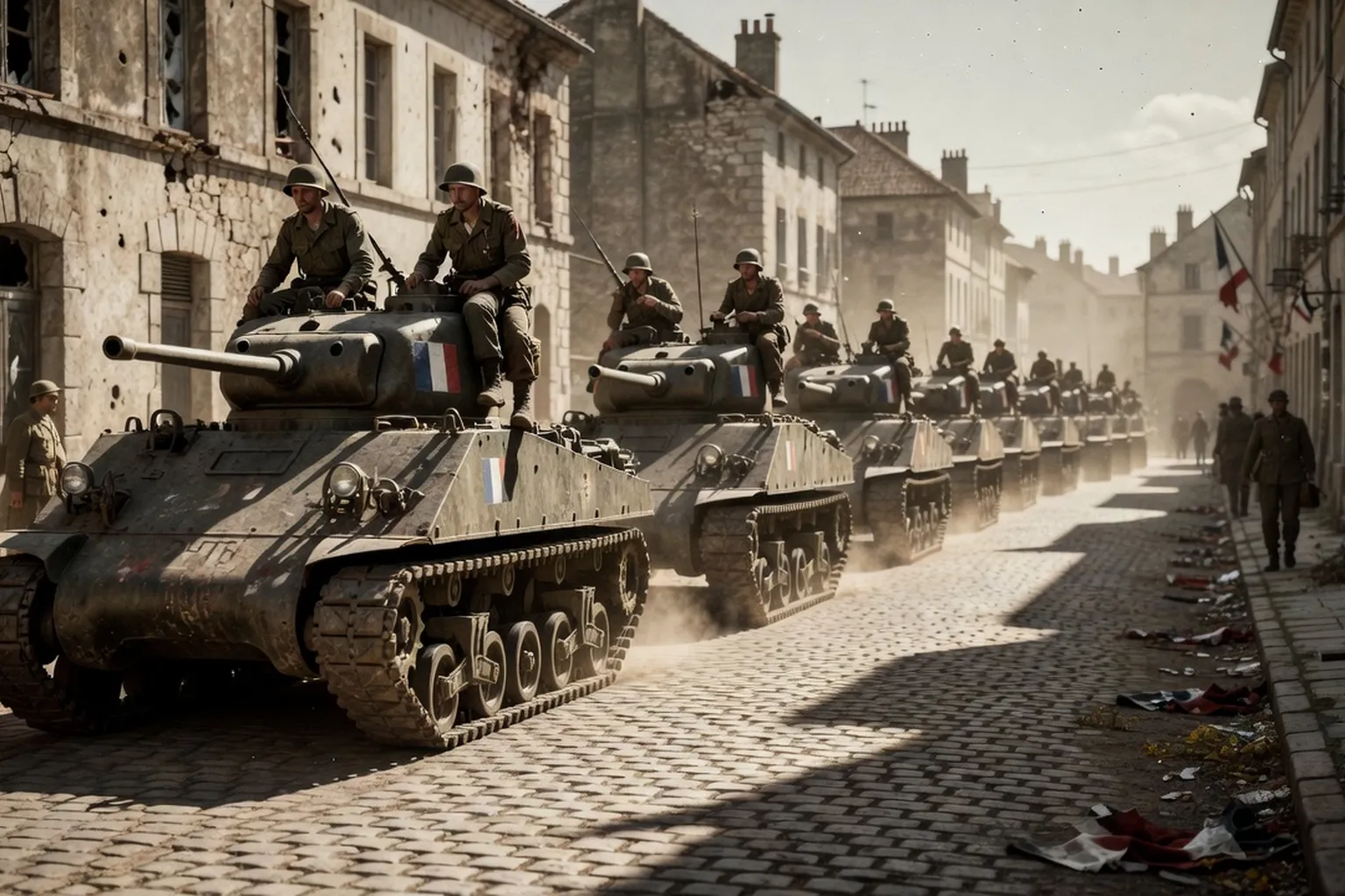 Défilé de chars Sherman de la 2e Division Blindée sur les Champs-Élysées lors de la Libération de Paris